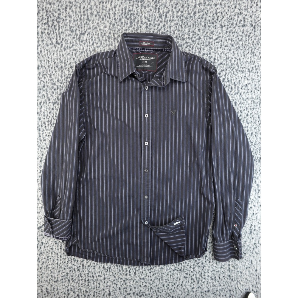 American Eagle Button Down Shirt Mens Medium Black Pinstripe Vintage Fit